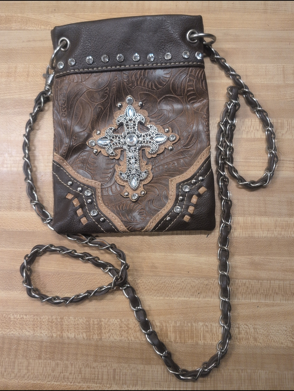 BHW Rustic Tooled Leather Crossbody with Decorative Cross And Rhinestones